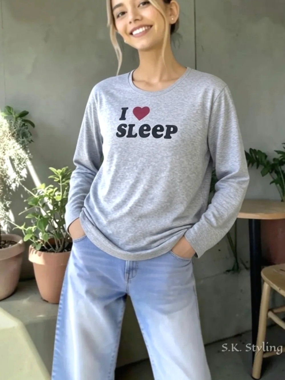 Addison Meadow Heathered Gray T-Shirt "I ❤️ SLEEP" Long Sleeve Top size L/XL